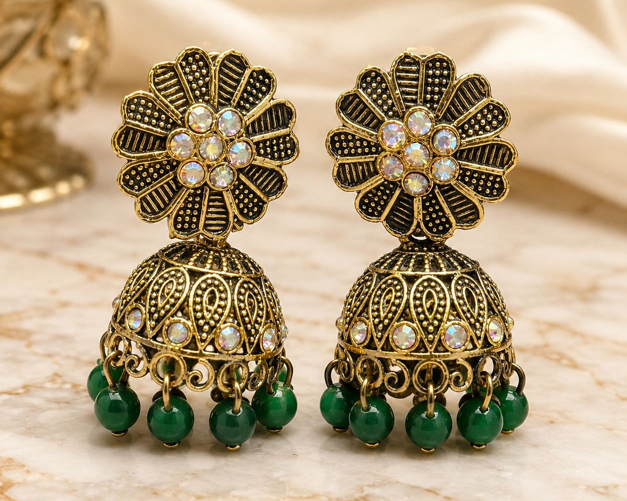 Vintage Floral Jhumka Earrings with Green Beads for Women