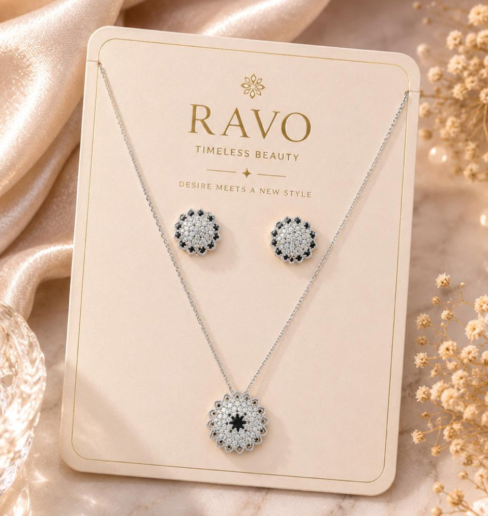 Jewelry set on a RAVO branded card with decorative elements