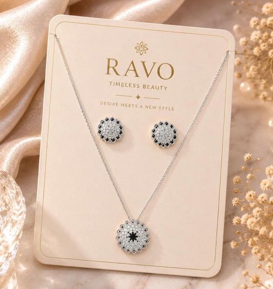 Jewelry set on a RAVO branded card with decorative elements