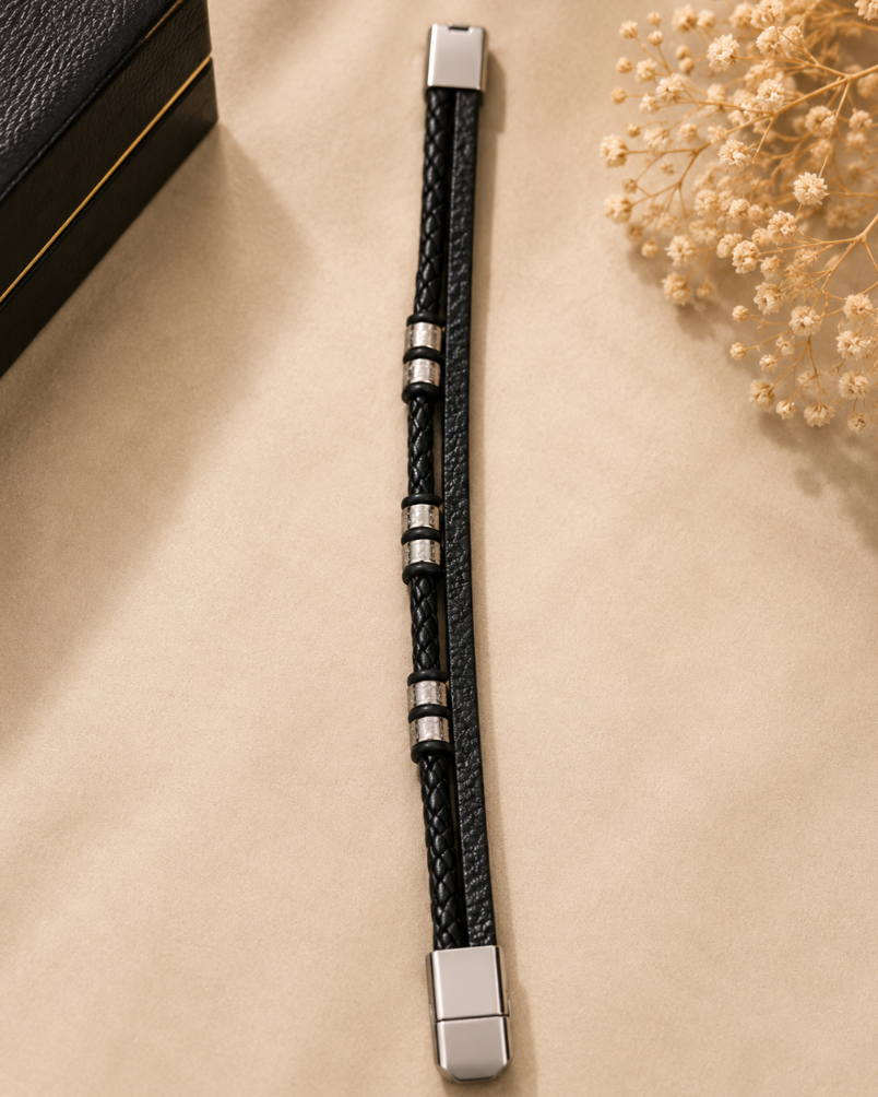 Men's Premium Black Leather Bracelet – Stainless Steel Magnetic Clasp