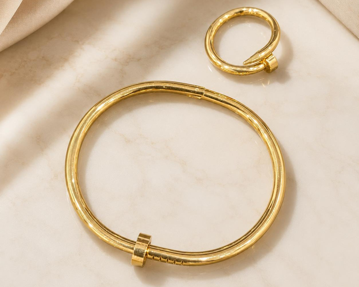 Minimalist Stainless Steel Gold Bangle Bracelet & Ring Set for Women