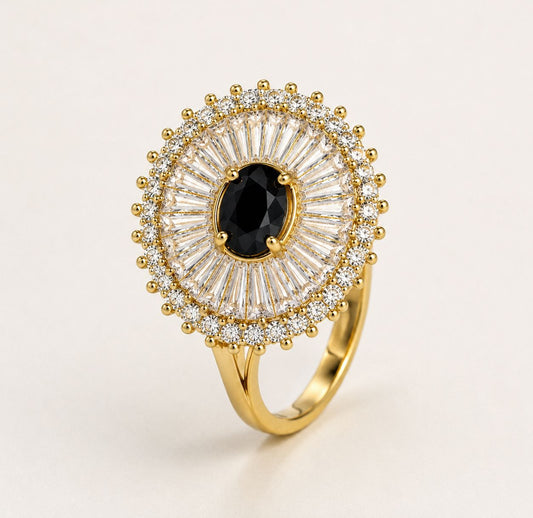Luxury Adjustable Black Stone Halo Ring for Women – Gold Plated Statement Ring